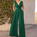 Damen eleganter Jumpsuit mit tiefem V-Ausschnitt und weitem Bein Sovae