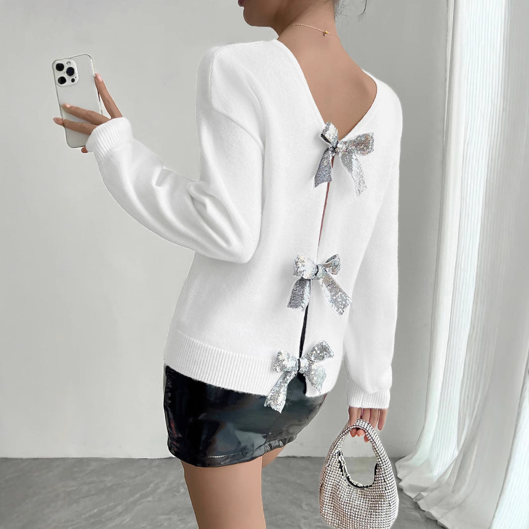 Damen modischer Strickpullover mit Glitzer-Schleifen Sovae