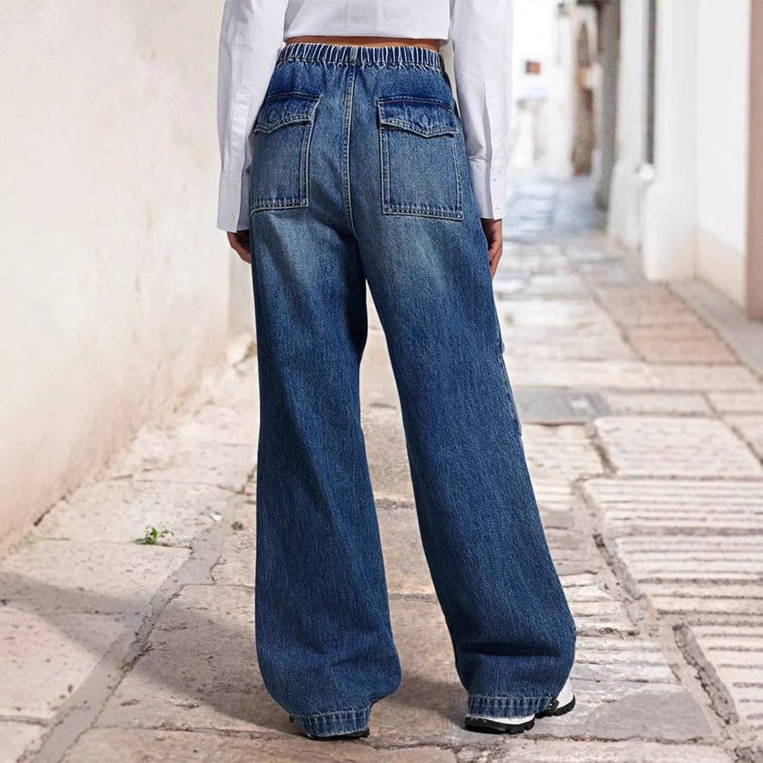 Damen weite High-Waist Denim-Hose mit elastischem Bund Sovae