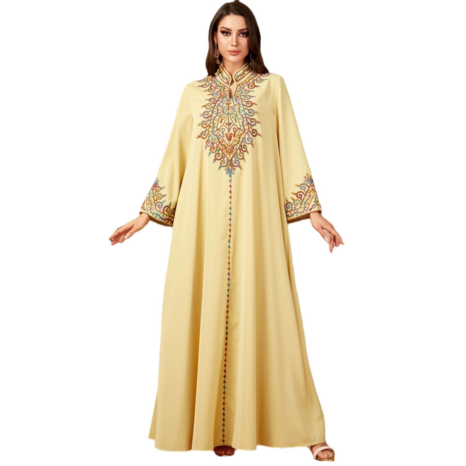 Damen Lange Kaftan Robe mit kunstvoller Stickerei Sovae