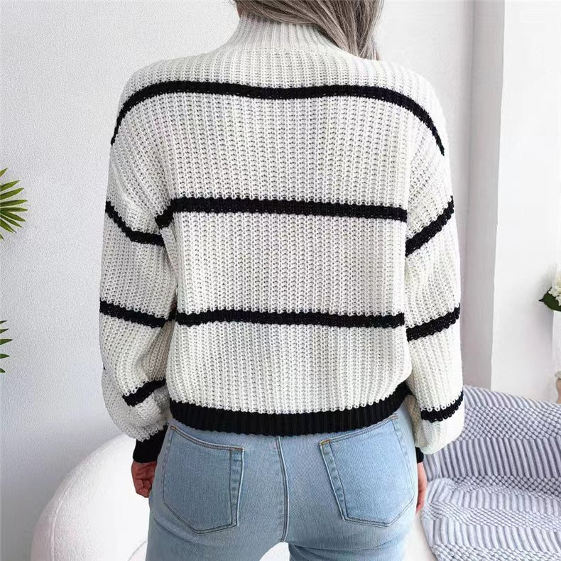 Damen Grobstrickpullover mit hohem Kragen und blockartigen Streifen Sovae