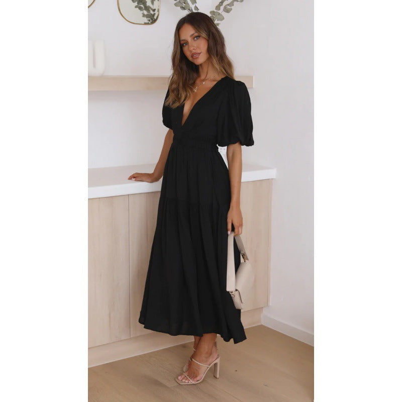 Damen Midi-Kleid mit Puffärmeln und tiefem V-Ausschnitt Sovae