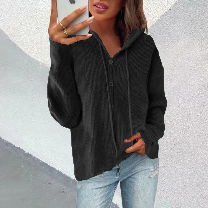 Damen Strickjacke mit Kapuze und Knopfleiste Sovae