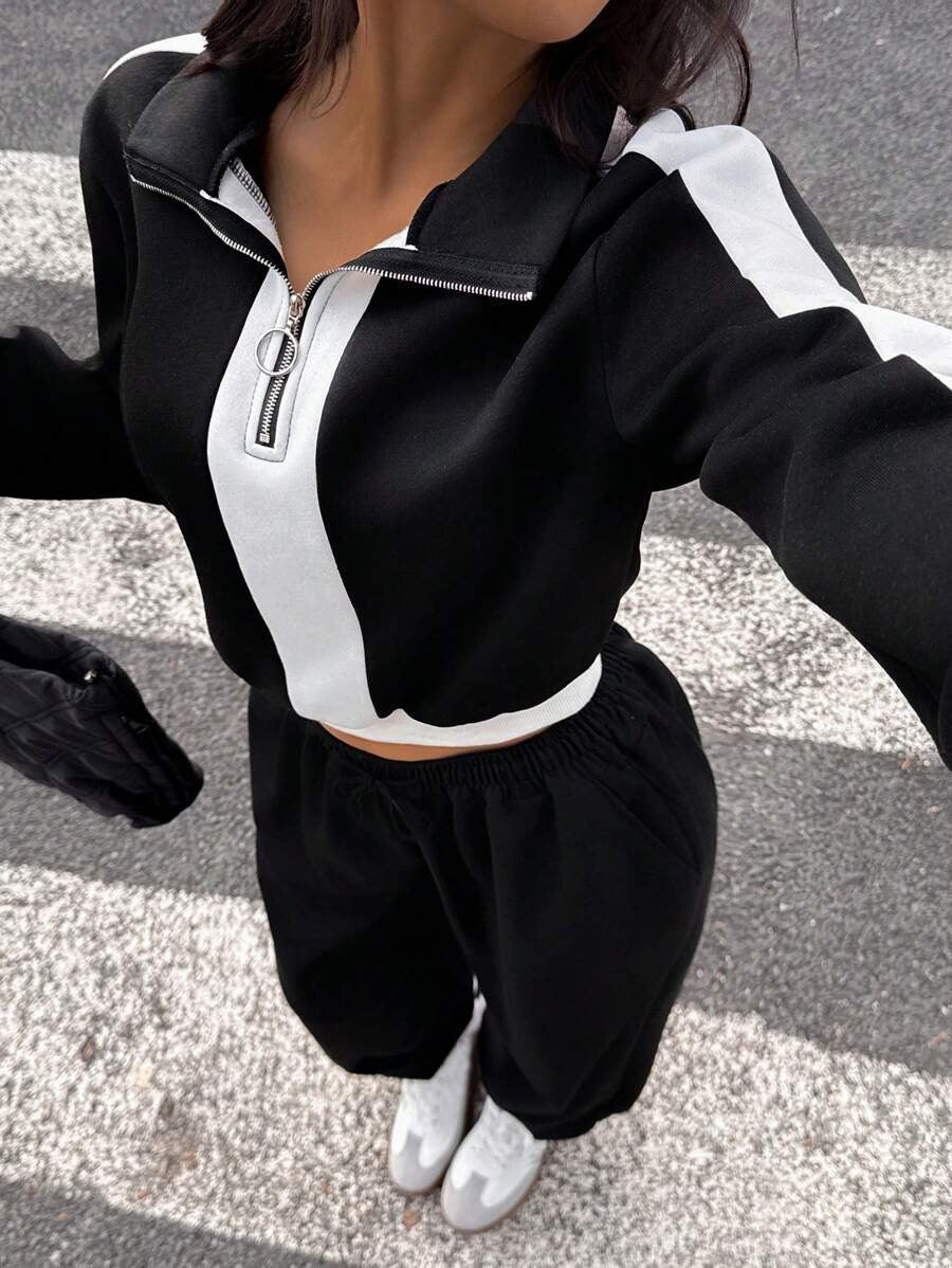 Damen Sportlicher Cropped-Hoodie und lässige Jogginghose Set Sovae