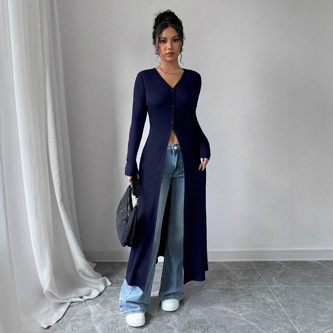 Damen Langstrickjacke mit V-Ausschnitt und Knopfverschluss Sovae