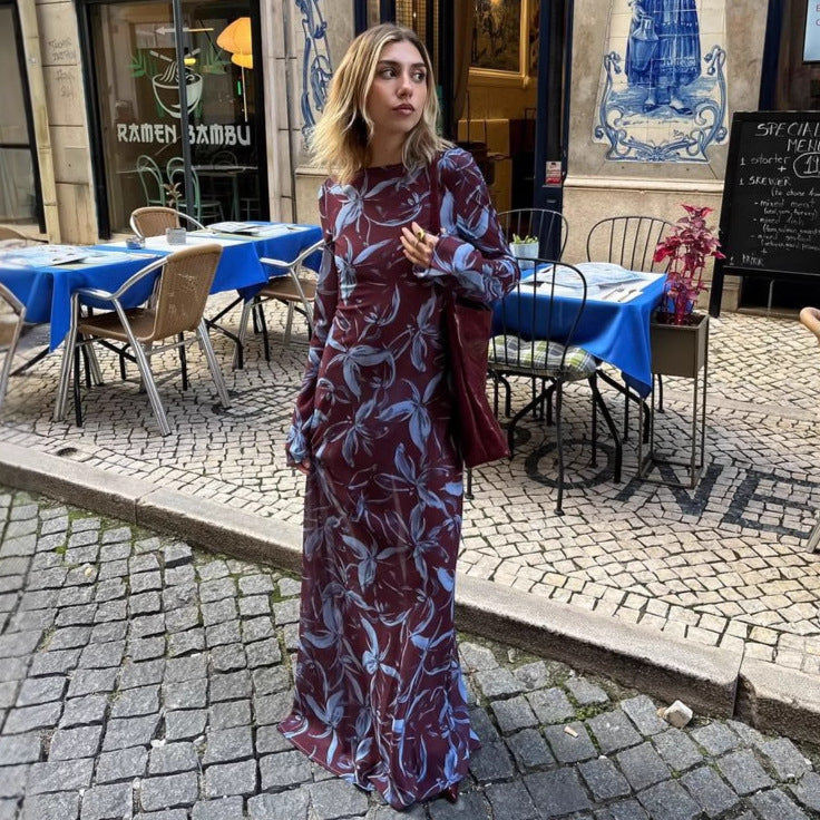 Dame Langärmliges Maxikleid mit Blumenmuster und elegantem U-Ausschnitt Sovae