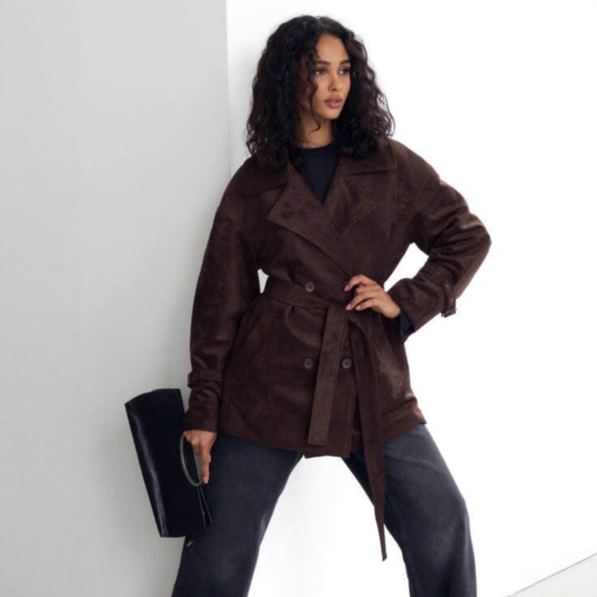 Damen Elegante suède Jacke mit Gürtel Sovae