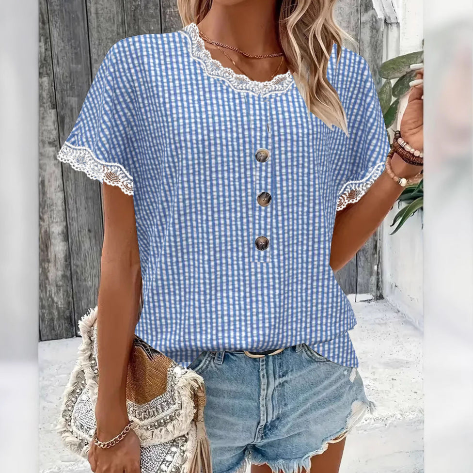 Damen luftiges Karomuster Bluse mit Spitzenkragen Sovae