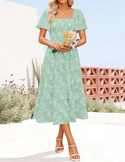 Damen Midi Kleid mit quadratischem Ausschnitt und Volantdetails Sovae