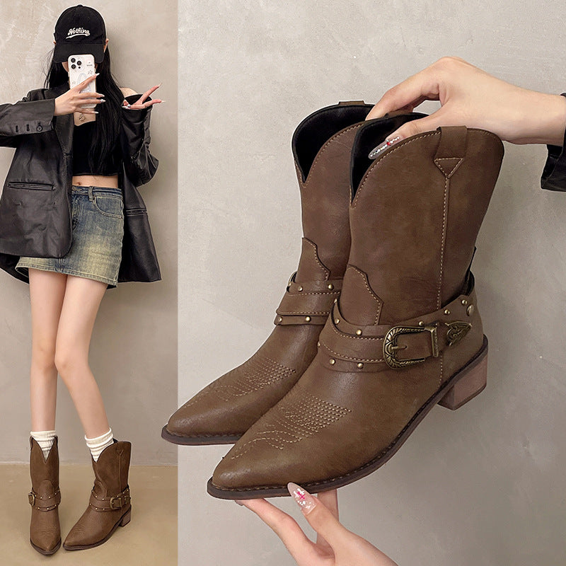 Damen Cowboystiefel mit modischem Riemen und dekorativen Nieten Sovae
