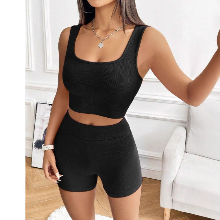 Damen Sportliches Zweiteiliges Set mit Hochtailliertem Short und Ripp-Top Sovae