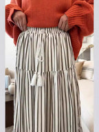 Damen gestreifter Midi-Rock mit elastischem Bund und Bändern Sovae
