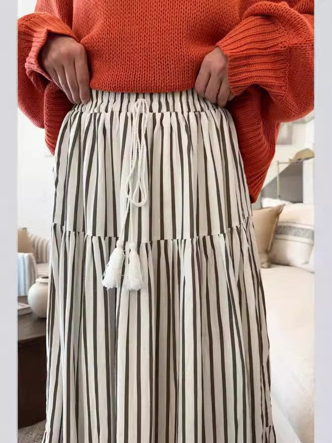 Damen gestreifter Midi-Rock mit elastischem Bund und Bändern Sovae