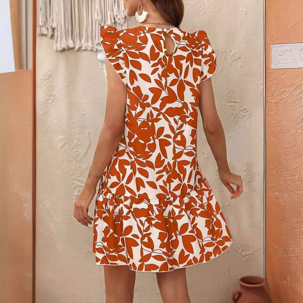 Damen kurzes Sommerkleid mit Rüschendetails und floralem Druck Sovae