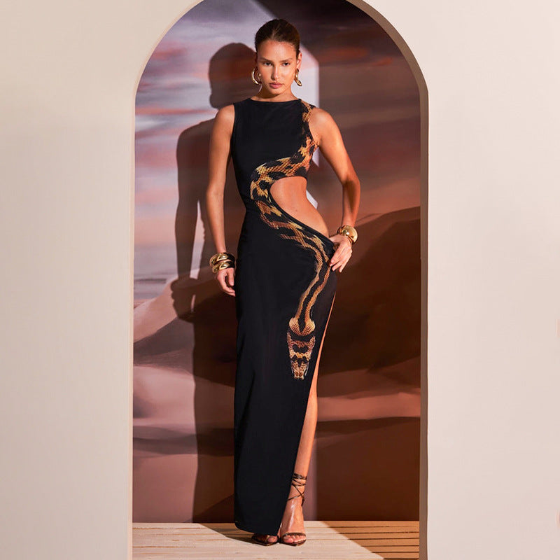 Damen Maxikleid mit figurbetonter Silhouette und künstlerischem Schlangendruck Sovae