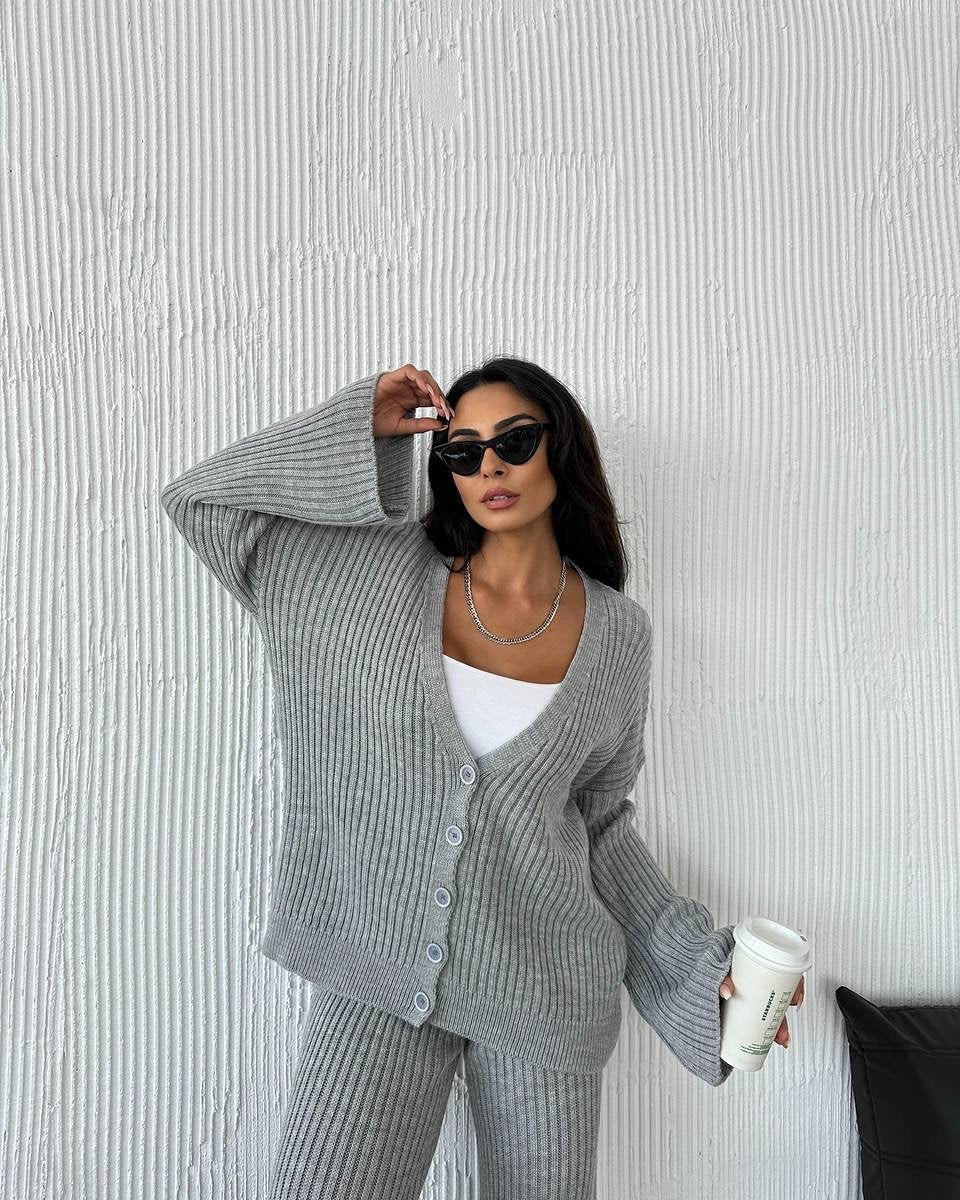 Damen lässiges Strick-Loungewear-Set mit Knopfleiste und weitem Schnitt Sovae