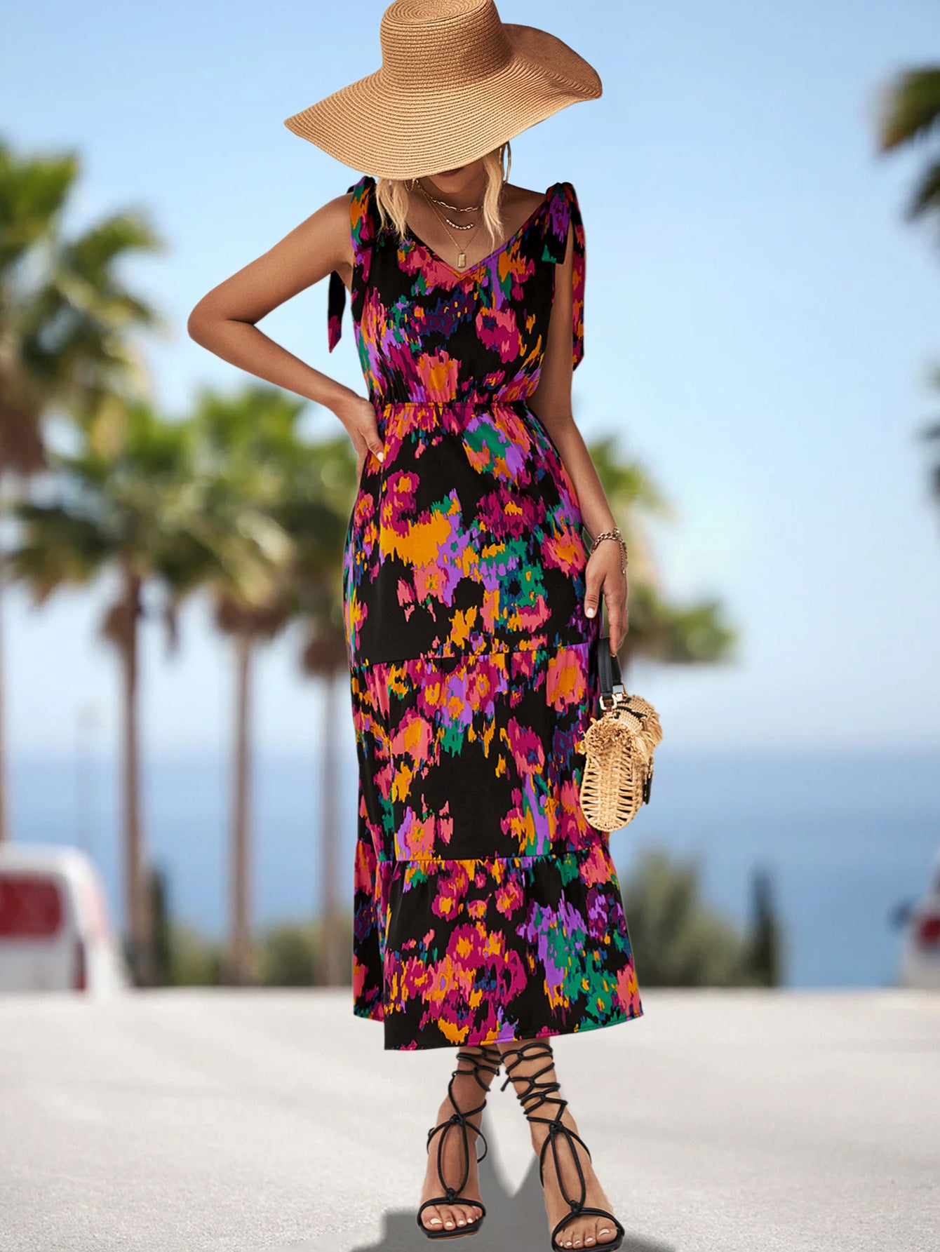 Damen Maxikleid mit verspieltem Floralprint und luftigen Trägern Sovae