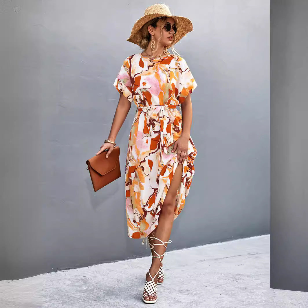 Damen Maxi-Kleid mit fließendem Schnitt und bindbarem Taillengürtel Sovae