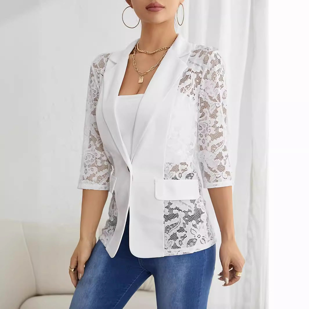Damen Elegante Blazerjacke mit transparenter Spitzenverarbeitung Sovae