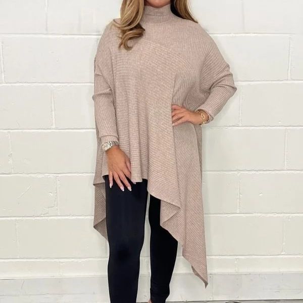 Damen asymmetrisches Strickoberteil mit hohem Kragen Sovae