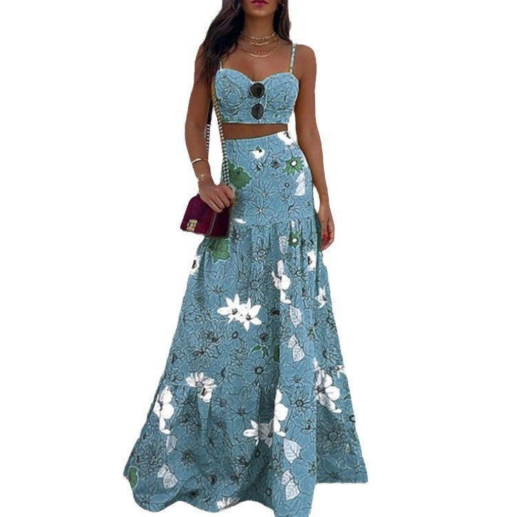 Damen Maxikleid mit floralem Oberteil und schwingendem Rock Sovae