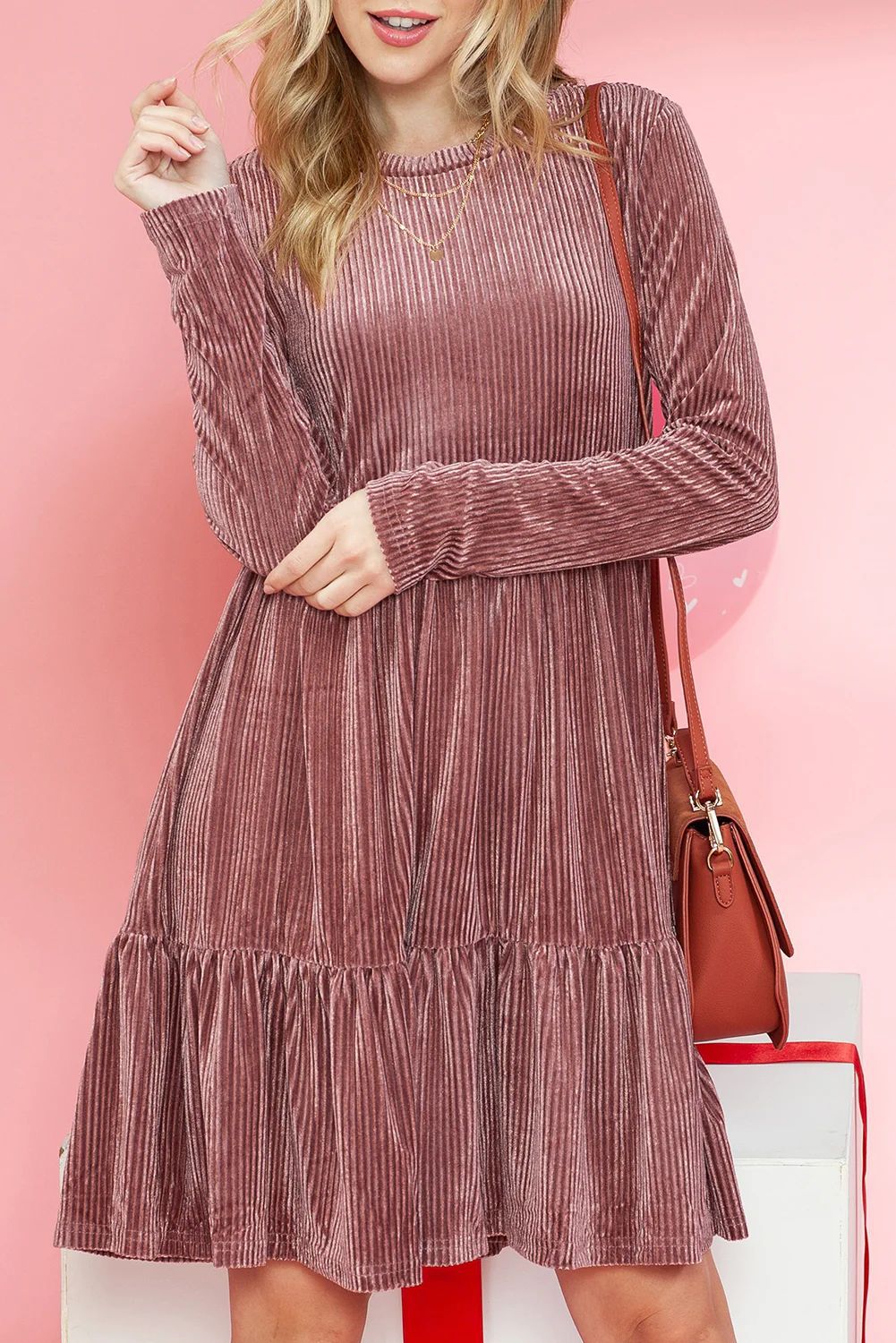 Damen Faltenkleid mit langem Arm und Rüsche Sovae