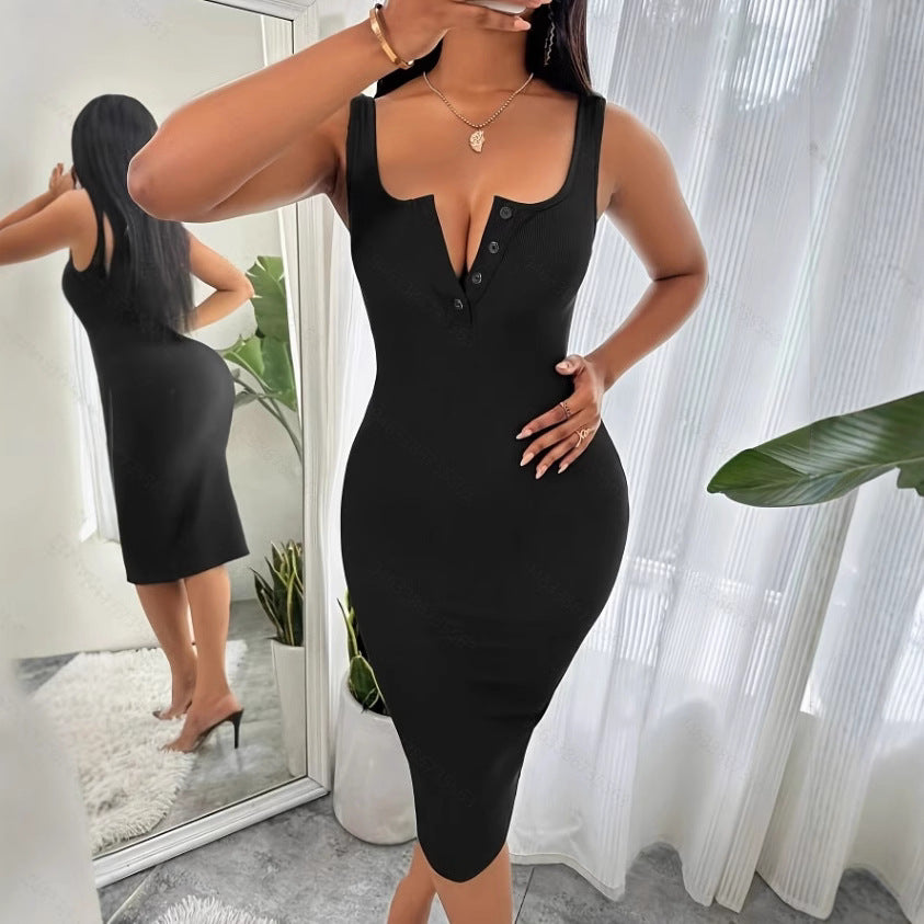 Damen Tailliertes Midi-Kleid mit Knopfleiste und breiten Trägern Sovae
