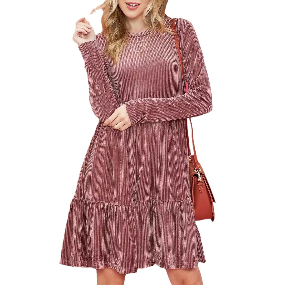 Damen Faltenkleid mit langem Arm und Rüsche Sovae