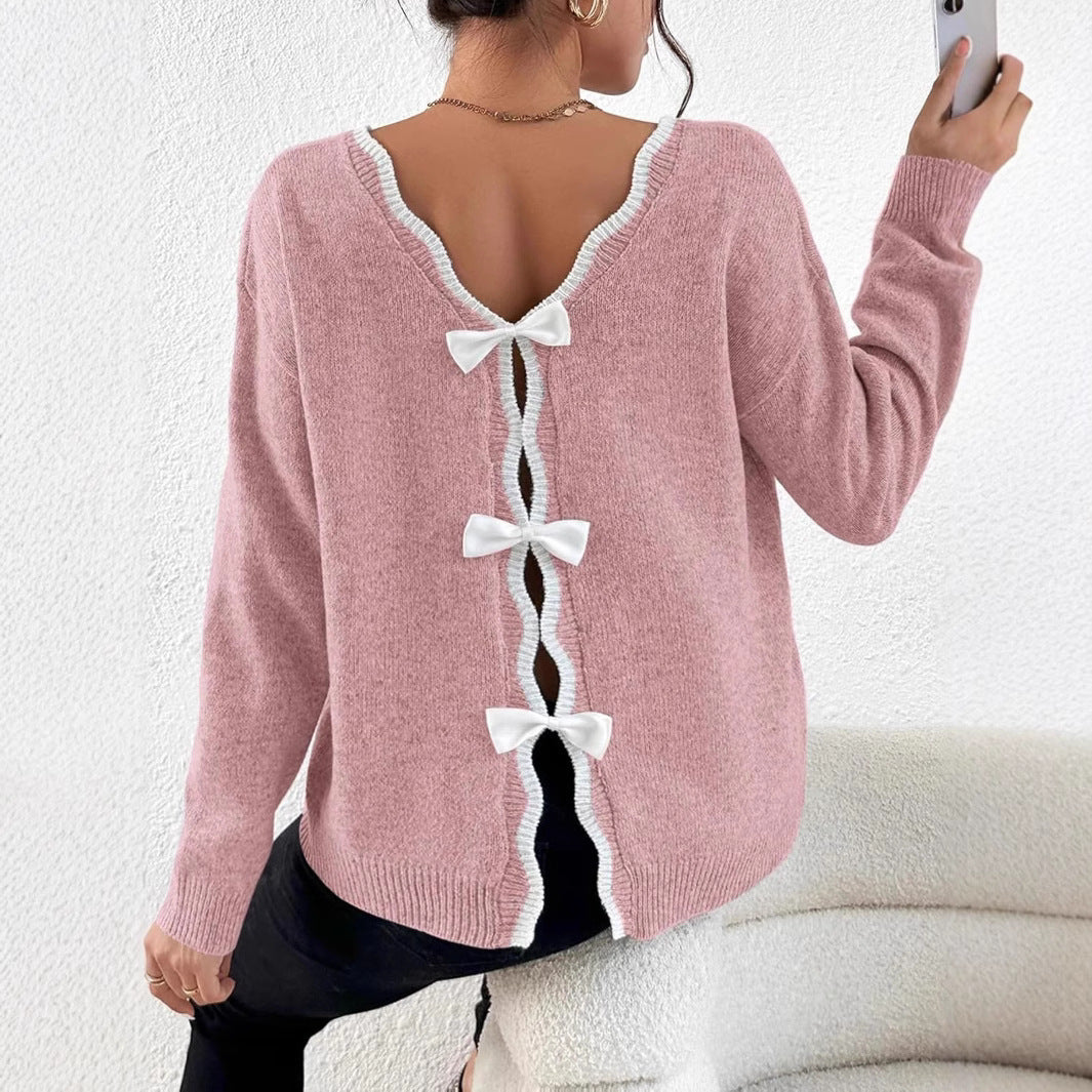 Damen gemütlicher Strickpullover mit dekorativen Schleifen Sovae