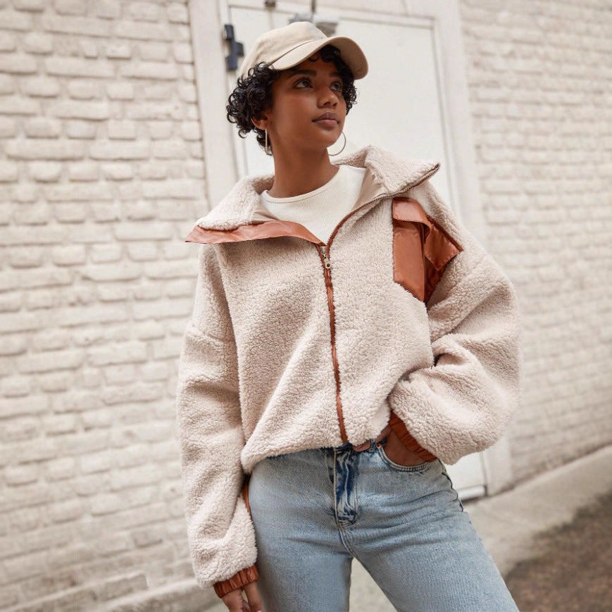 Damen kuschelige Fleecejacke mit elegantem Lederbesatz Sovae