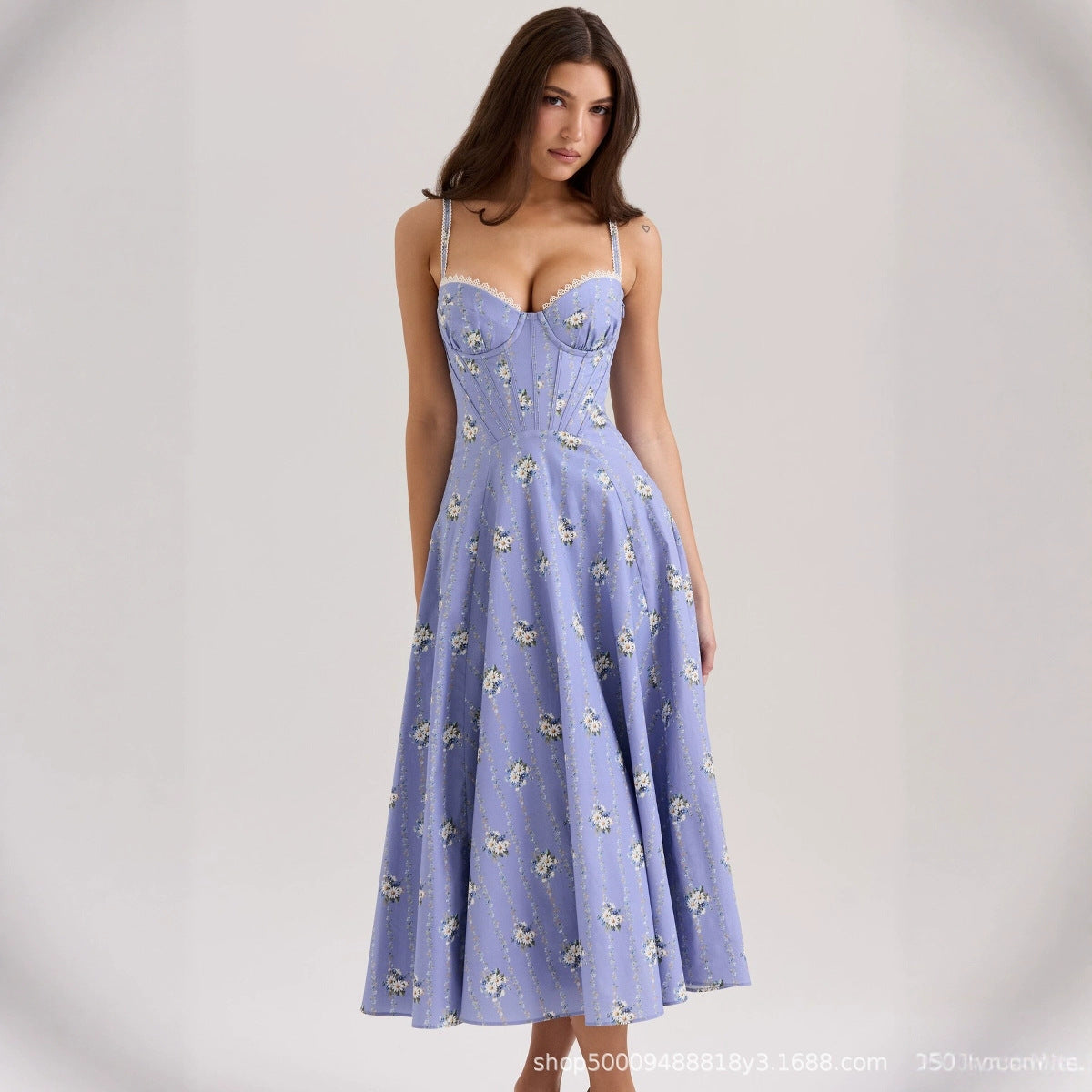 Damen Midi-Kleid mit floralem Design und feinen Spaghetti-Trägern Sovae