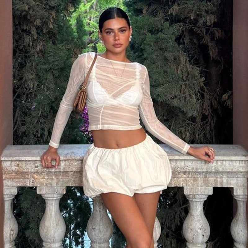Damen elegantes Oberteil mit transparentem Design und drapiertem Stoff Sovae