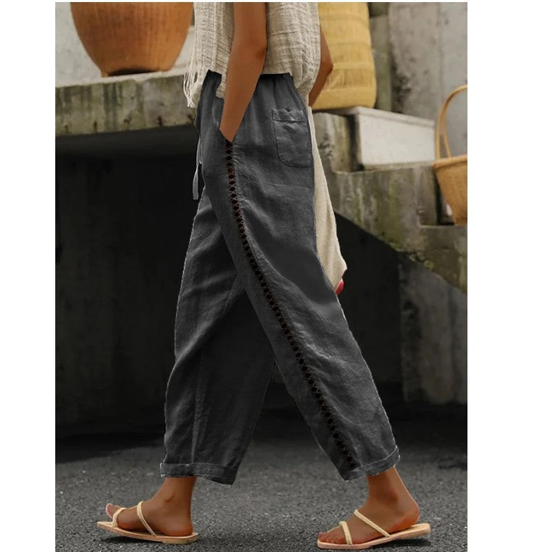 Damen Lockere Leinenhose mit seitlicher Knopfdetail Sovae