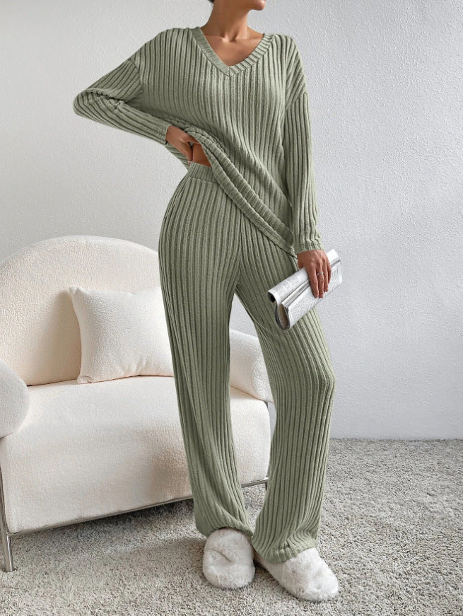 Damen lässiges Strick-Lounge-Set mit V-Ausschnitt Sovae