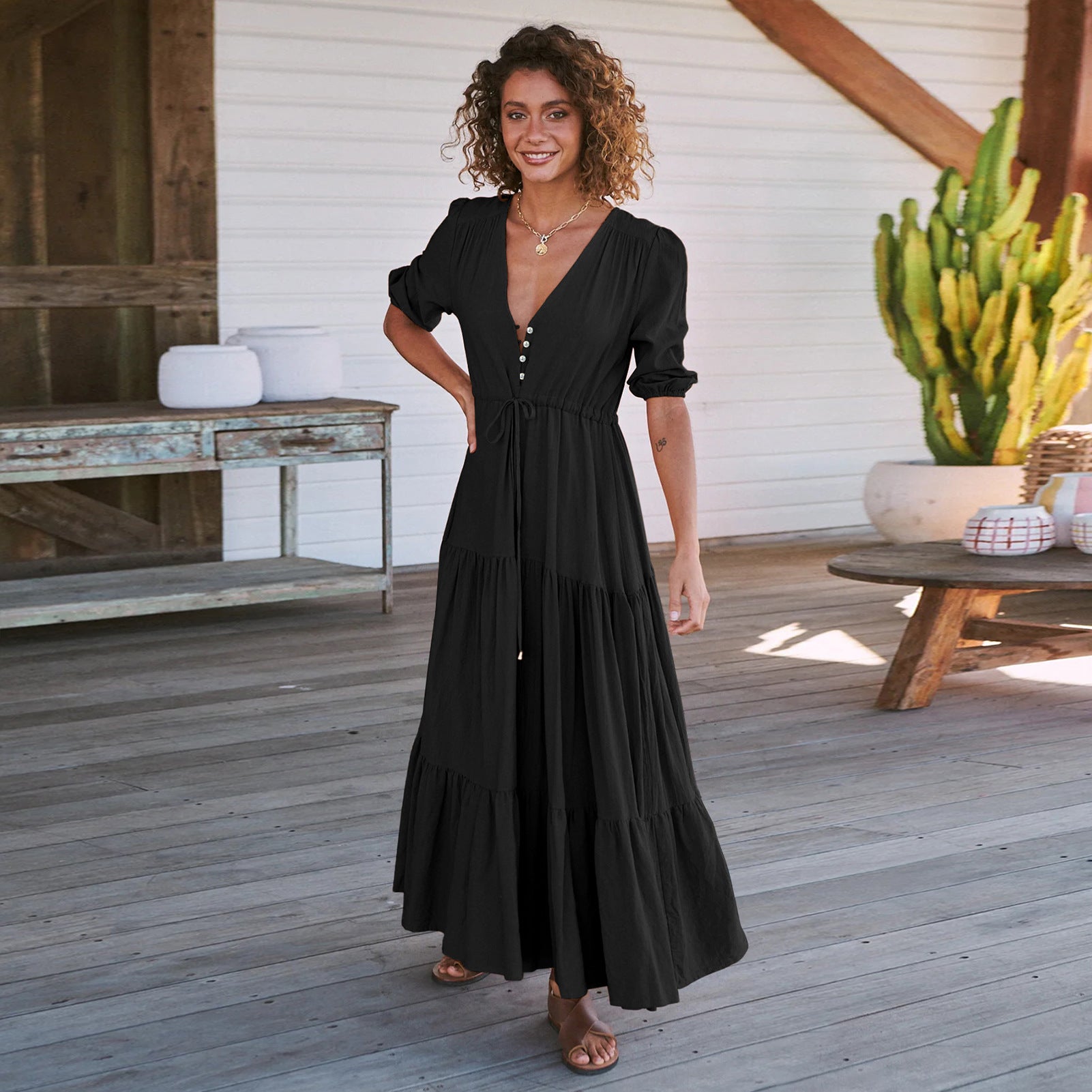 Damen Maxikleid mit zarten Puffärmeln und Taillenzug Sovae