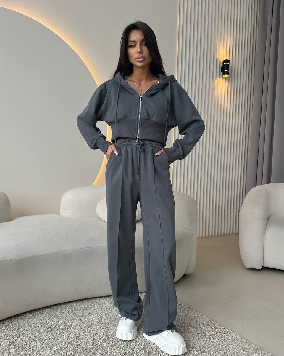 Damen Sportliches Crop-Set mit Reißverschluss und weitem Schnitt Sovae