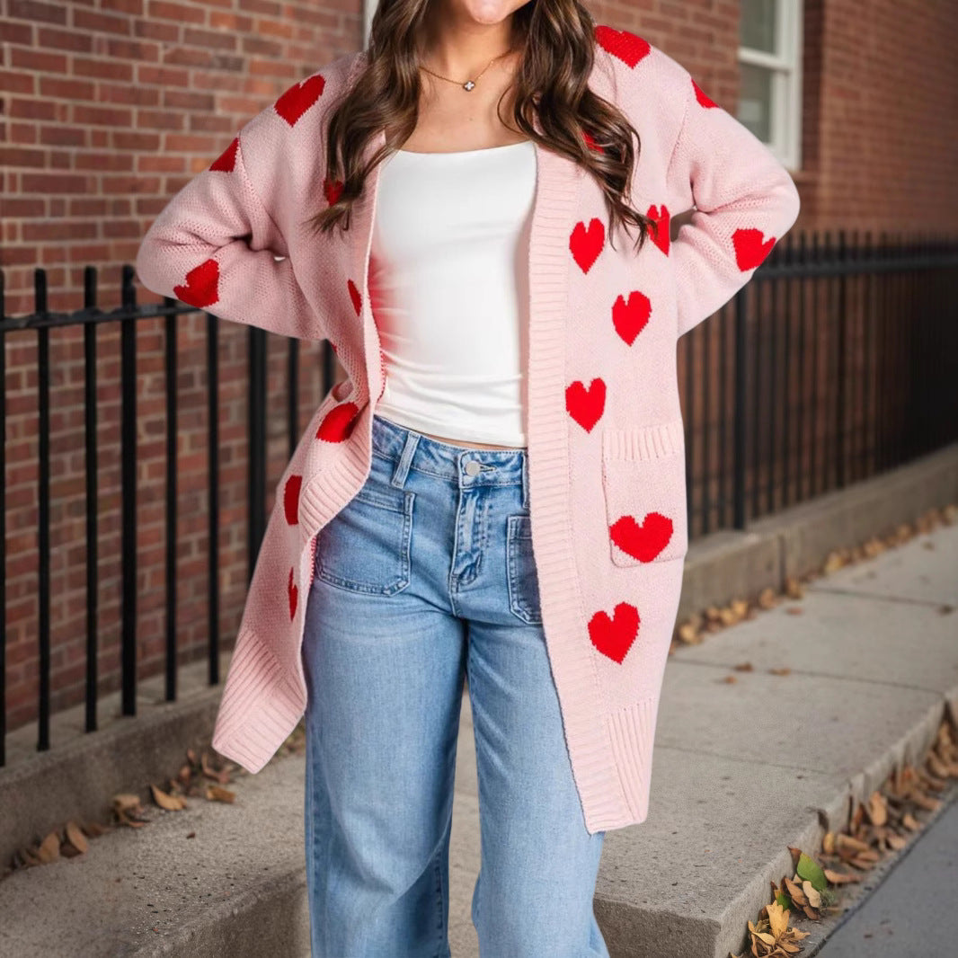Damen Strickjacke mit Herzmuster und praktischen Taschen Sovae