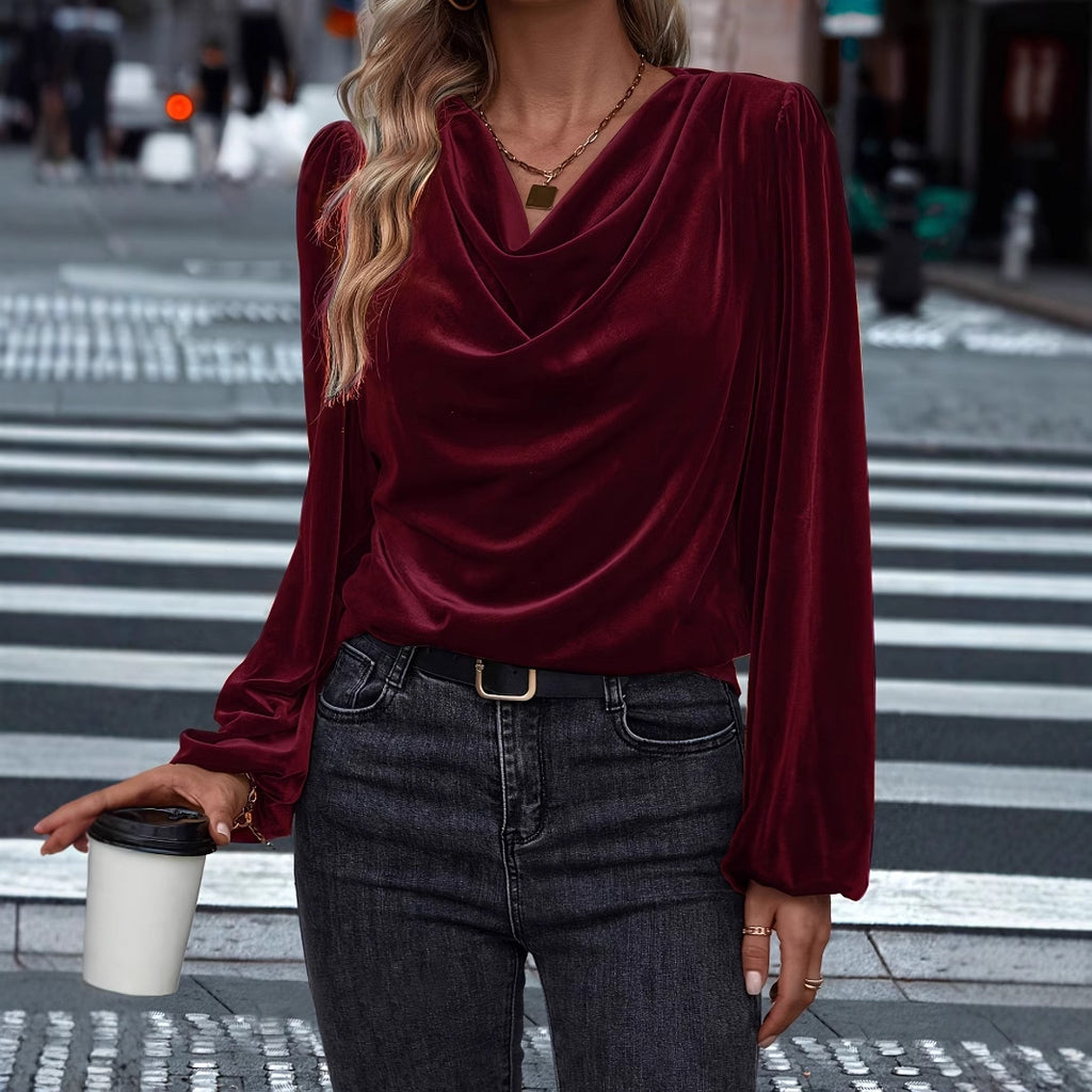 Damen elegante Bluse mit Wasserfall-Ausschnitt und langen Ärmeln Sovae