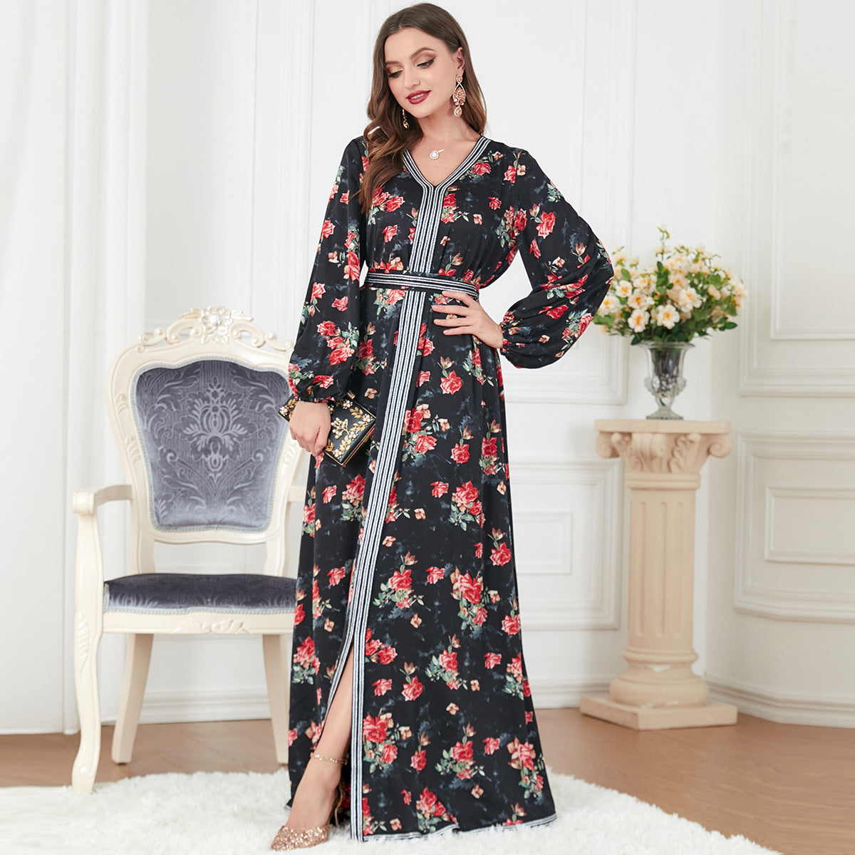 Damen Elegantes Maxikleid mit floraler Print und V-Ausschnitt Sovae