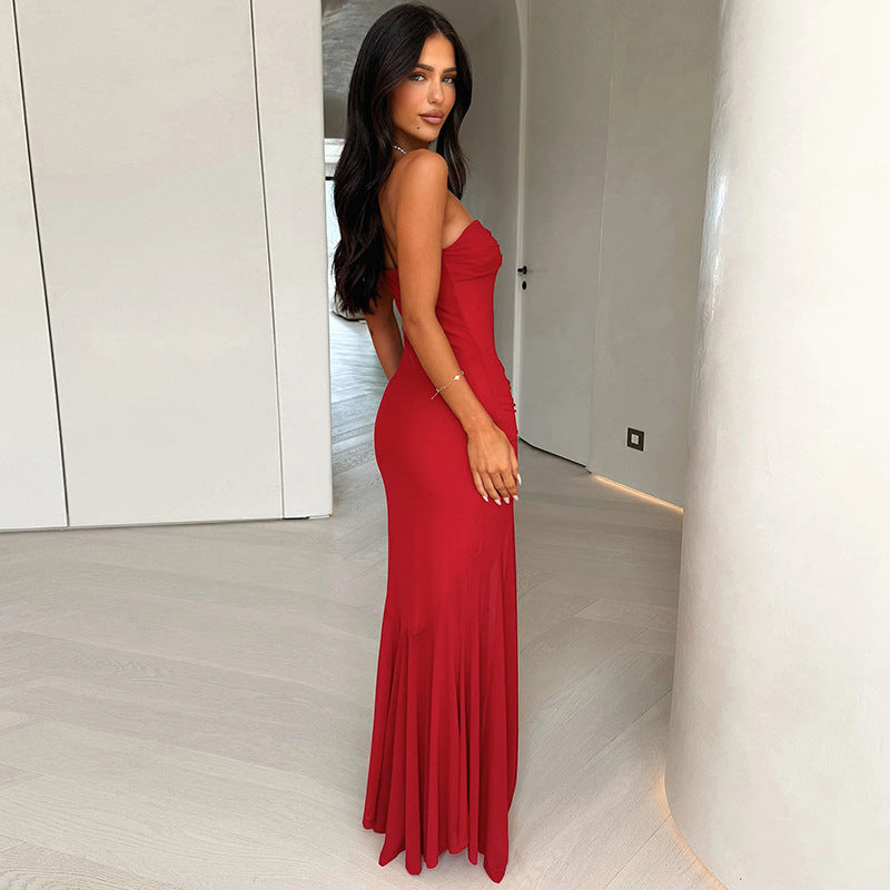 Damen langes Etuikleid mit transparentem Rock Sovae