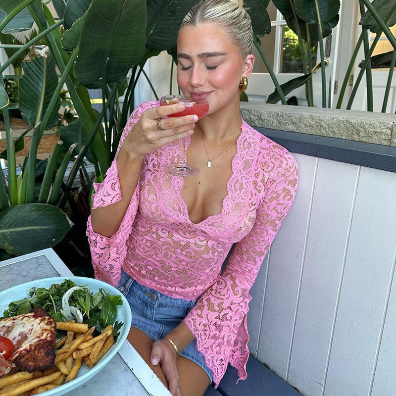 Damen Spitzenbluse mit tiefem V-Ausschnitt und lässigem Schnitt Sovae