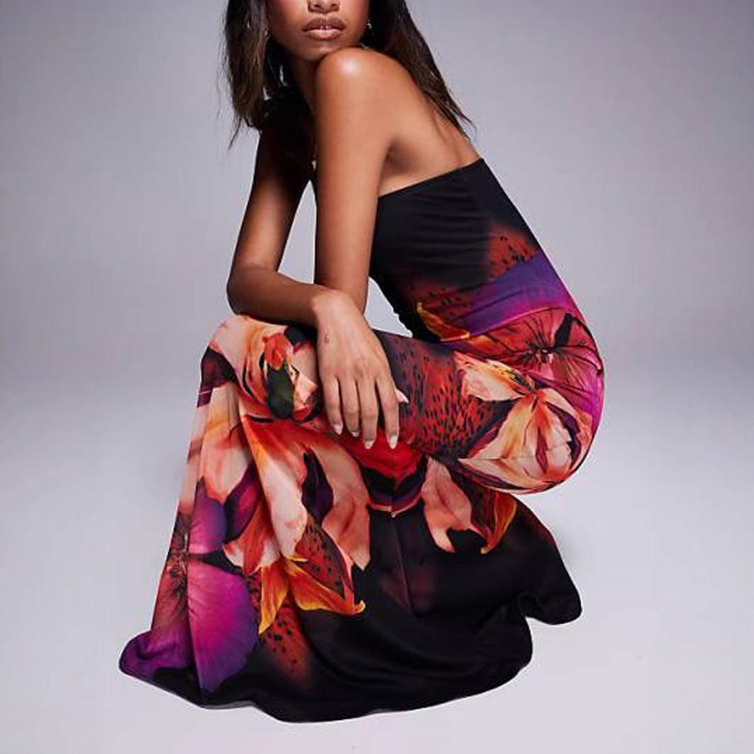 Damen Elegantes Bodenkleid mit floralem Design und Schleppe Sovae