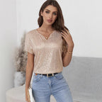 Damen Glitzerndes V-Ausschnitt Oberteil Sovae