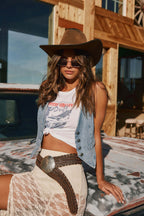 Damen modische Denim-Weste mit knopflosem Design und einzigartigen Details Sovae