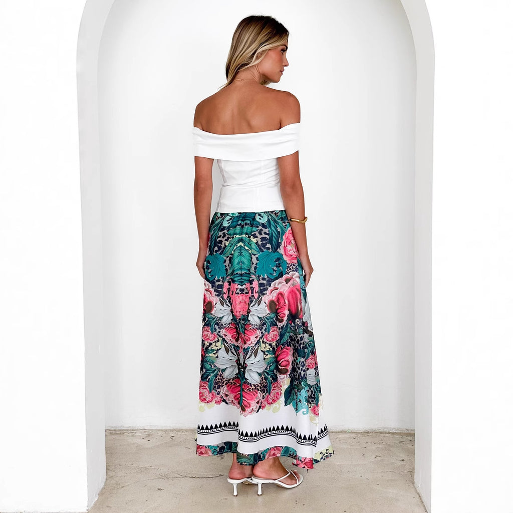 Damen Maxi-Rock mit floralem Muster und Taillengürtel Sovae