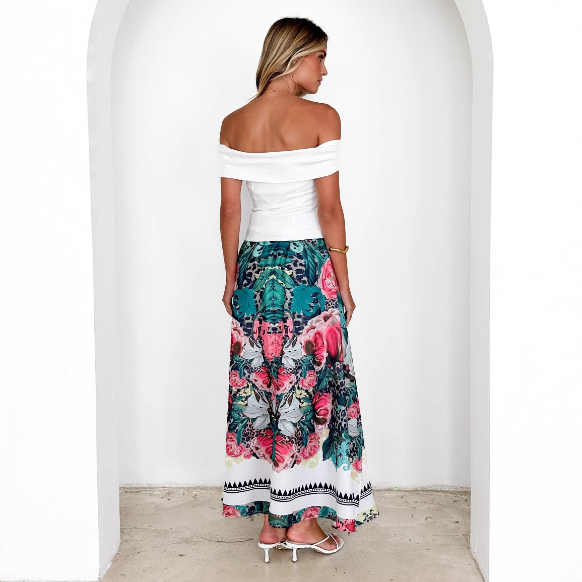 Damen Maxi-Rock mit floralem Muster und Taillengürtel Sovae
