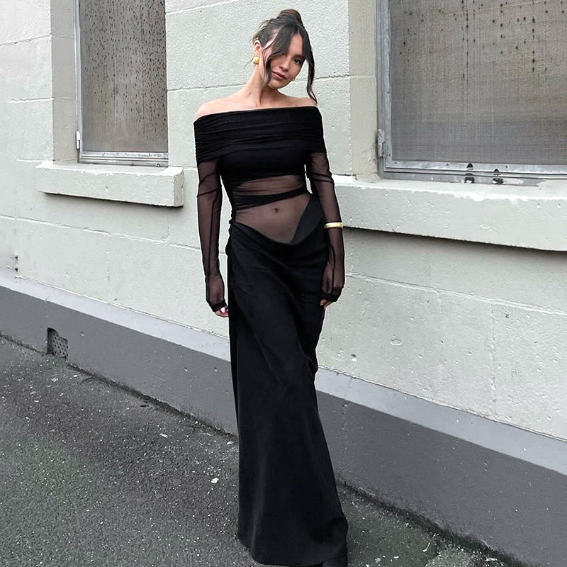 Damen Off-Shoulder Maxikleid mit voluminösem Rüschendesign Sovae
