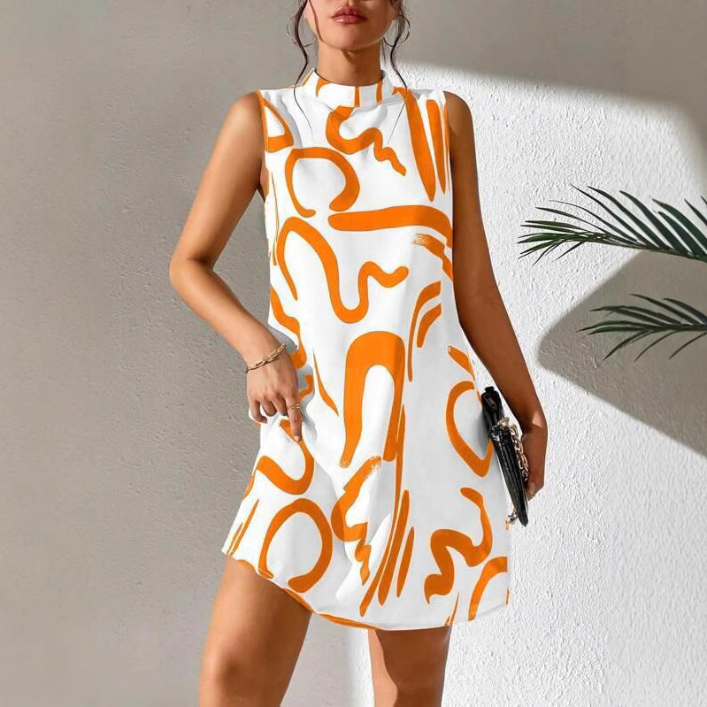 Damen A-linien Minikleid mit modernem grafischem Muster und Stehkragen Sovae