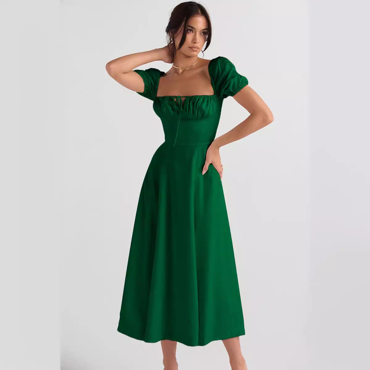 Damen Midi-Kleid mit Puffärmeln und verstellbarem Schnürdetail Sovae