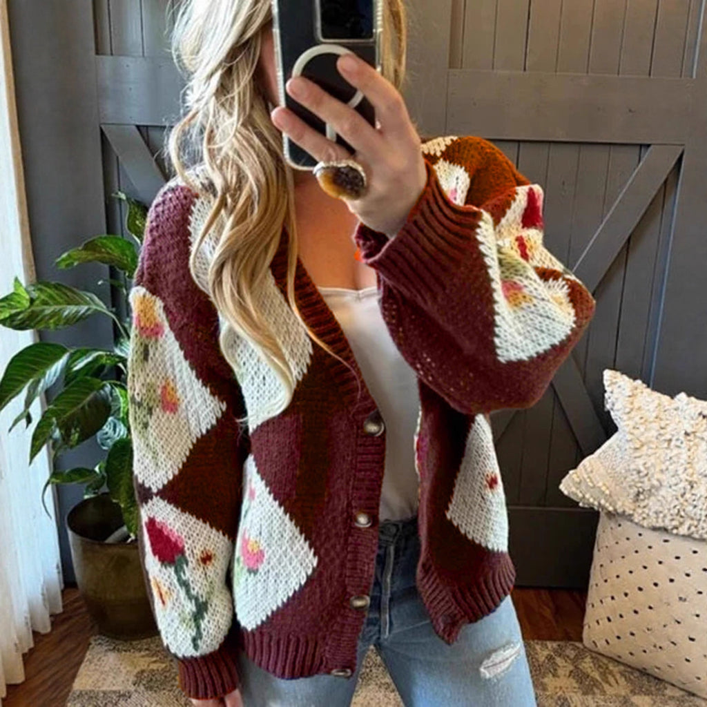Damen Strickjacke mit floralem Muster und dekorativem Knopfdesign Sovae
